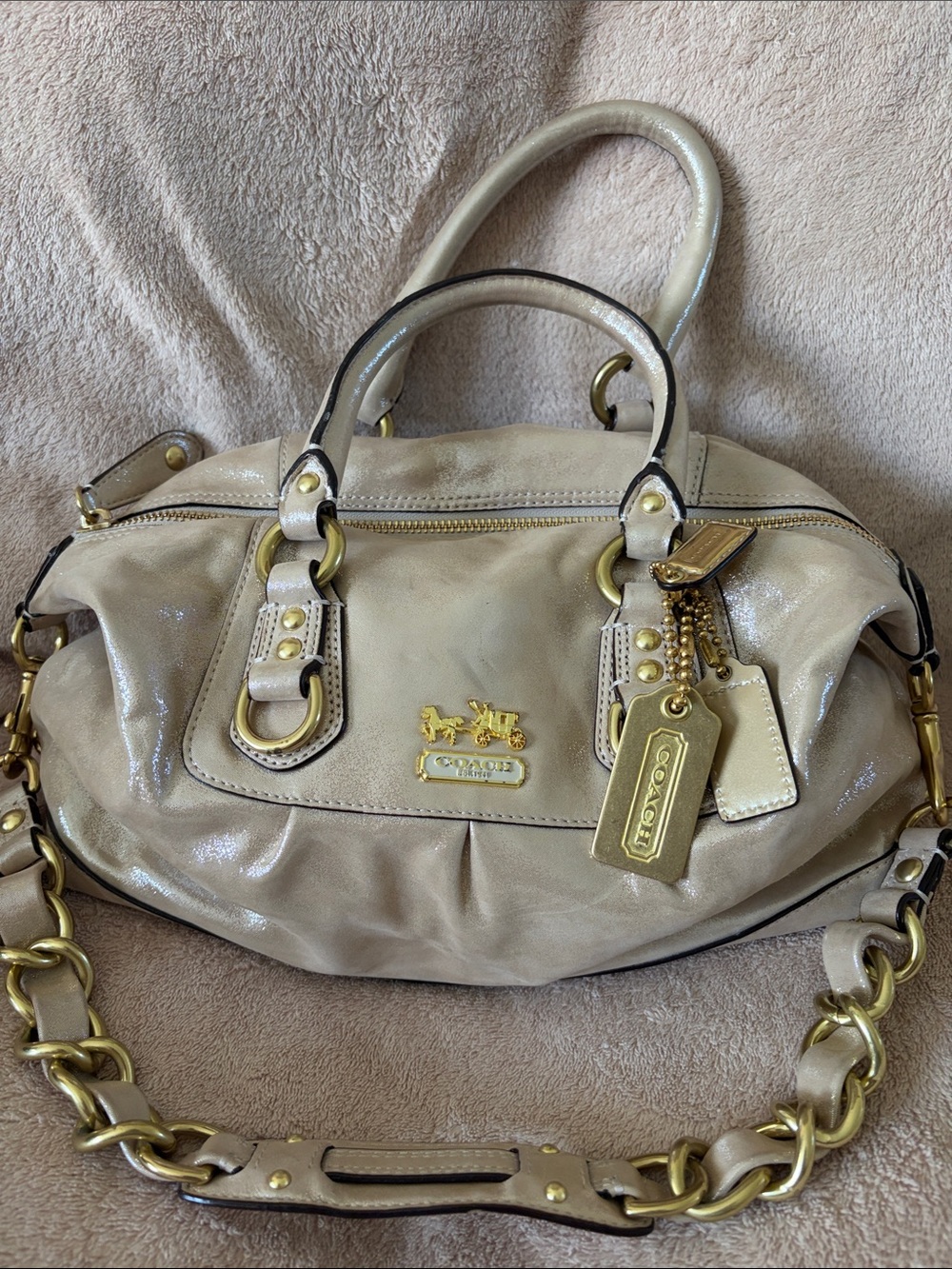Vintage Coach Shimmering Cream Leather Satchel with Gold Hardware
